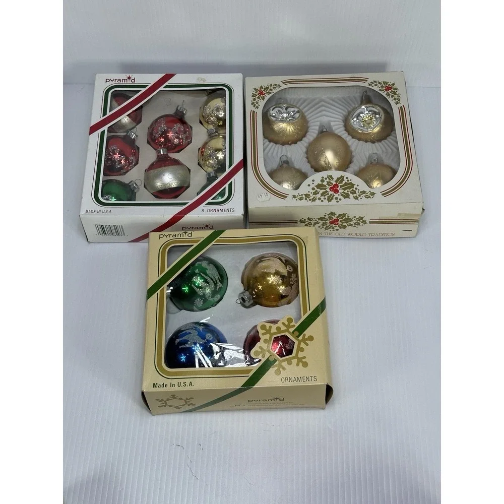 Vintage Lot 17 Pyramid Glass Christmas Ornaments Balls Hand Decorated Glitter
